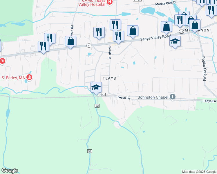 map of restaurants, bars, coffee shops, grocery stores, and more near 385 Teays Lane in Hurricane