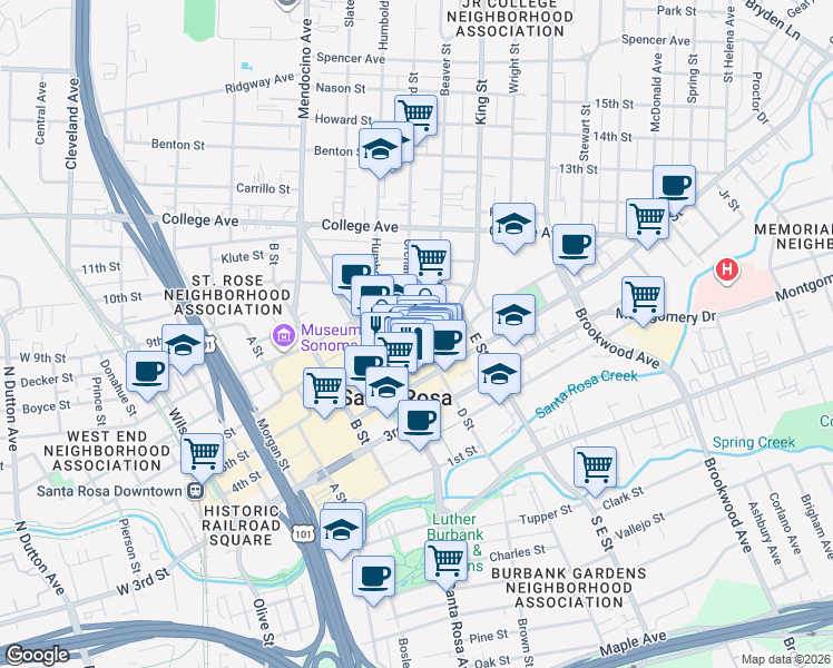 map of restaurants, bars, coffee shops, grocery stores, and more near 418 Humboldt Street in Santa Rosa