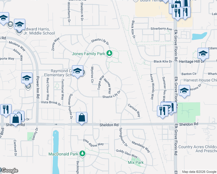 map of restaurants, bars, coffee shops, grocery stores, and more near 8683 Minoan Court in Elk Grove