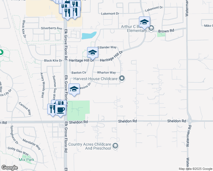 map of restaurants, bars, coffee shops, grocery stores, and more near 8692 Boston Ivy Place in Elk Grove
