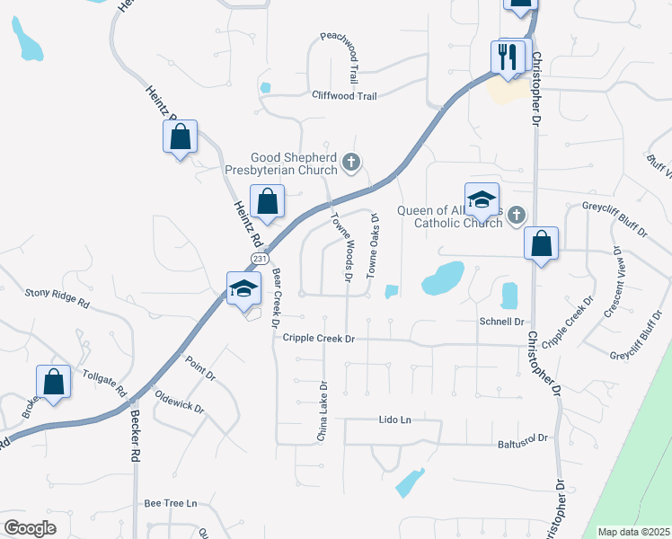 map of restaurants, bars, coffee shops, grocery stores, and more near 2736 Towne Crest Drive in St. Louis
