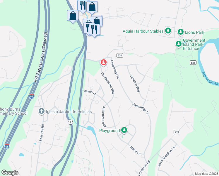 map of restaurants, bars, coffee shops, grocery stores, and more near 62 Confederate Way in Stafford