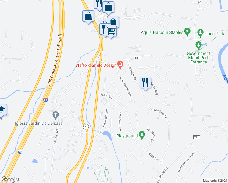 map of restaurants, bars, coffee shops, grocery stores, and more near 403 Hatchers Run Court in Stafford