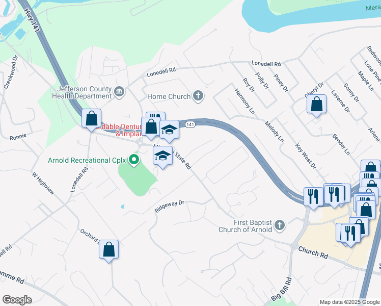 map of restaurants, bars, coffee shops, grocery stores, and more near 220 Crosswinds Drive in Arnold