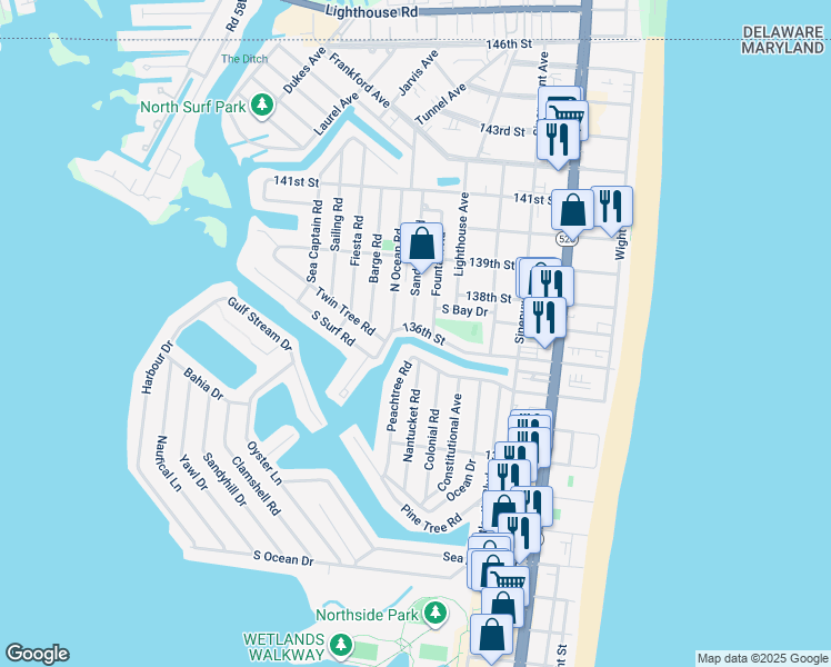 map of restaurants, bars, coffee shops, grocery stores, and more near 401 136th Street in Ocean City