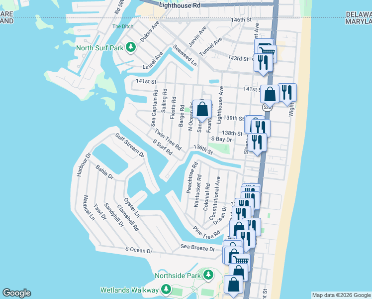 map of restaurants, bars, coffee shops, grocery stores, and more near 300 136th Street in Ocean City
