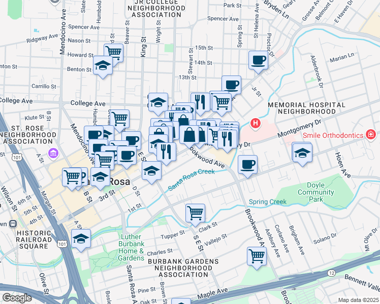 map of restaurants, bars, coffee shops, grocery stores, and more near 874 3rd Street in Santa Rosa