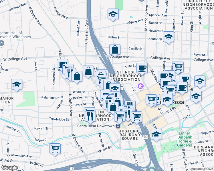 map of restaurants, bars, coffee shops, grocery stores, and more near 131 9th Street in Santa Rosa