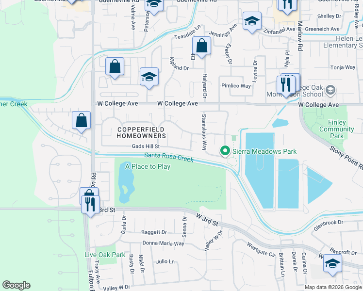 map of restaurants, bars, coffee shops, grocery stores, and more near 2322 Gads Hill Street in Santa Rosa