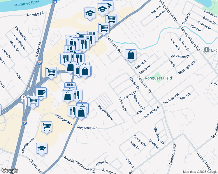 map of restaurants, bars, coffee shops, grocery stores, and more near 2245 Summit Drive in Arnold