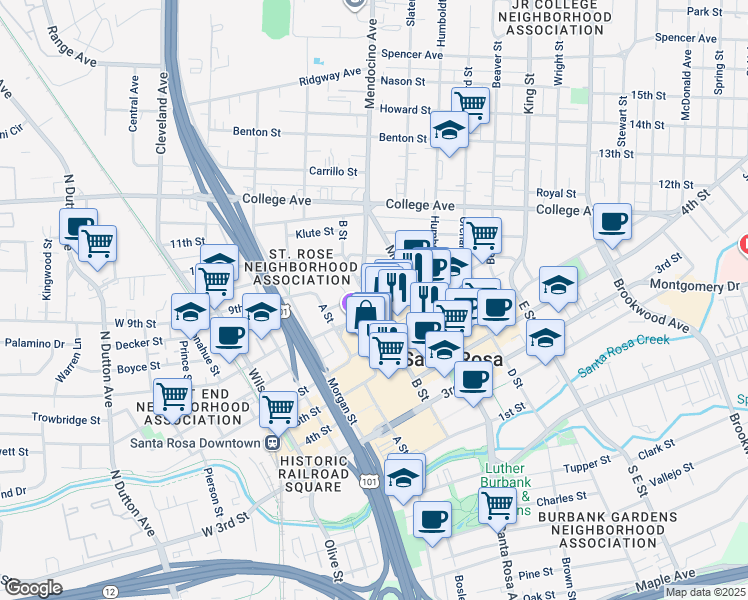 map of restaurants, bars, coffee shops, grocery stores, and more near 433 7th Street in Santa Rosa