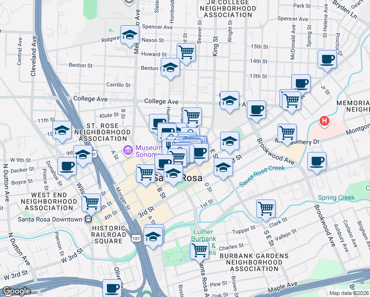 map of restaurants, bars, coffee shops, grocery stores, and more near 415 Humboldt Street in Santa Rosa