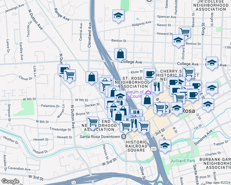 map of restaurants, bars, coffee shops, grocery stores, and more near 132 9th Street in Santa Rosa