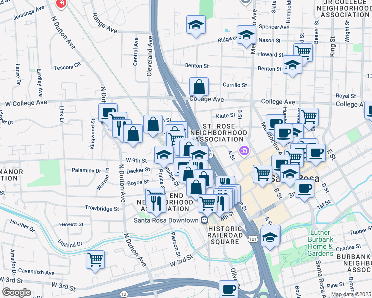 map of restaurants, bars, coffee shops, grocery stores, and more near 104 9th Street in Santa Rosa