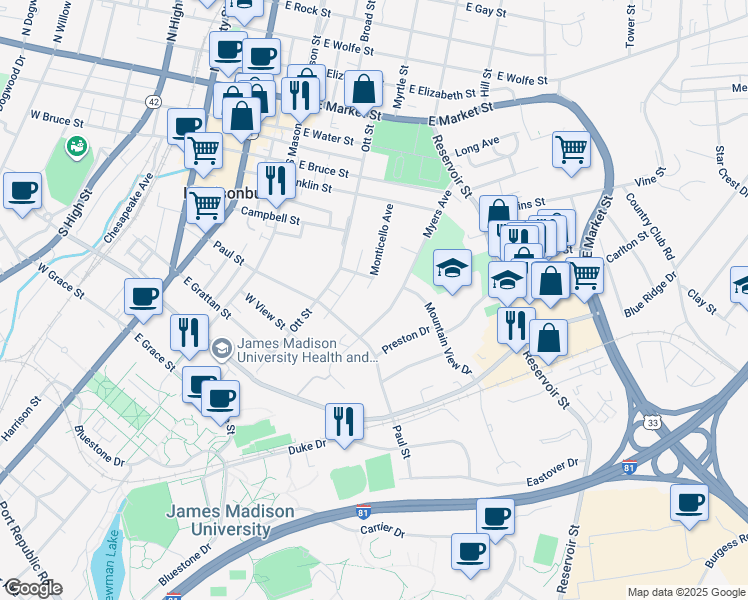 map of restaurants, bars, coffee shops, grocery stores, and more near 475 Myers Avenue in Harrisonburg