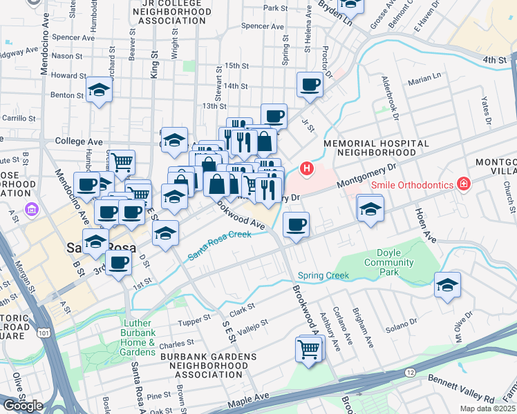 map of restaurants, bars, coffee shops, grocery stores, and more near 100 Brookwood Ave in Santa Rosa