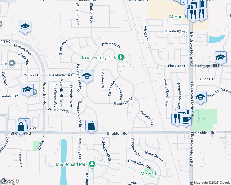 map of restaurants, bars, coffee shops, grocery stores, and more near 8668 Cycladic Court in Elk Grove
