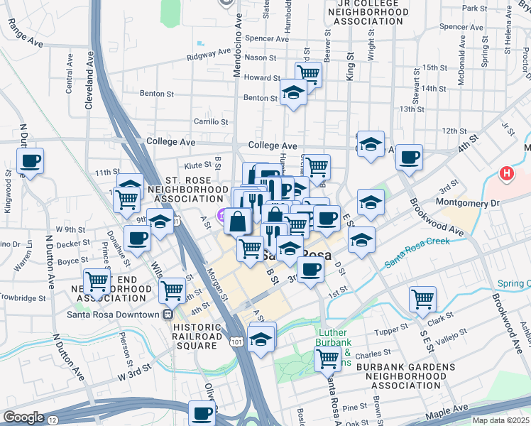 map of restaurants, bars, coffee shops, grocery stores, and more near 522 7th Street in Santa Rosa