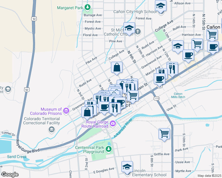 map of restaurants, bars, coffee shops, grocery stores, and more near 201 North 6th Street in Cañon City