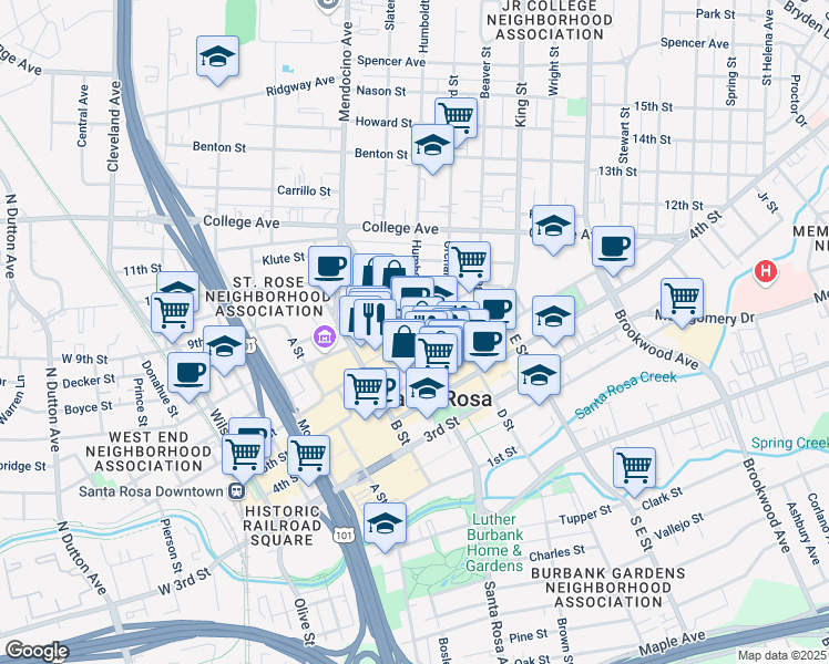 map of restaurants, bars, coffee shops, grocery stores, and more near 450 Mendocino Avenue in Santa Rosa