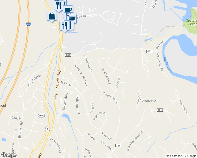 map of restaurants, bars, coffee shops, grocery stores, and more near 53 Greenridge Drive in Stafford