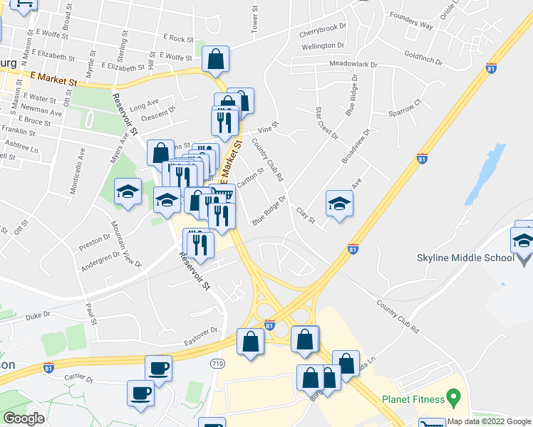 map of restaurants, bars, coffee shops, grocery stores, and more near 5 Blue Ridge Drive in Harrisonburg