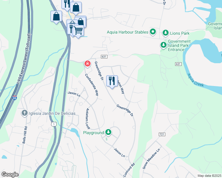map of restaurants, bars, coffee shops, grocery stores, and more near 53 Greenridge Drive in Stafford