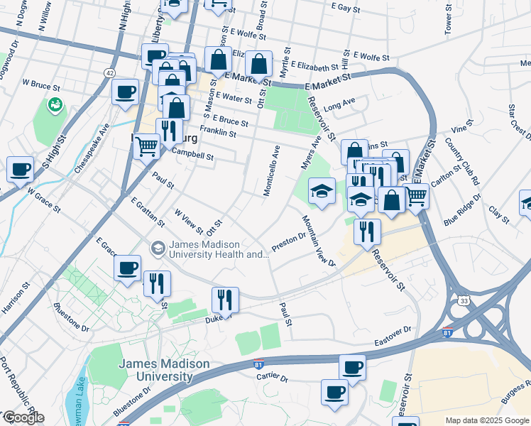 map of restaurants, bars, coffee shops, grocery stores, and more near 475 Myers Avenue in Harrisonburg
