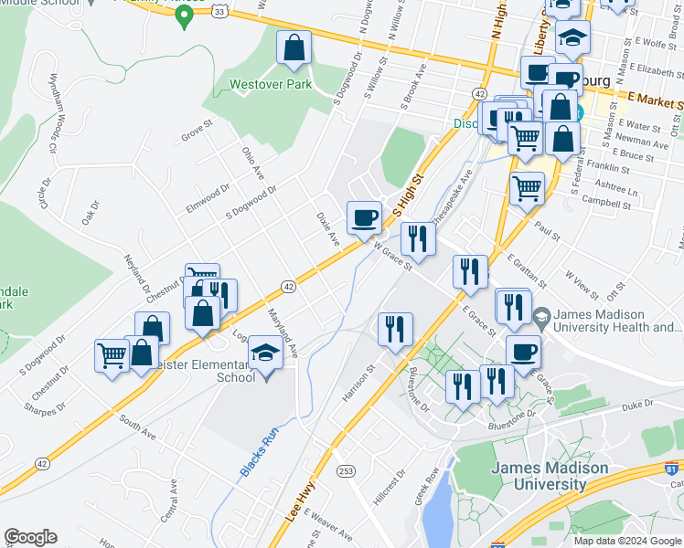 map of restaurants, bars, coffee shops, grocery stores, and more near 553 Roosevelt Street in Harrisonburg