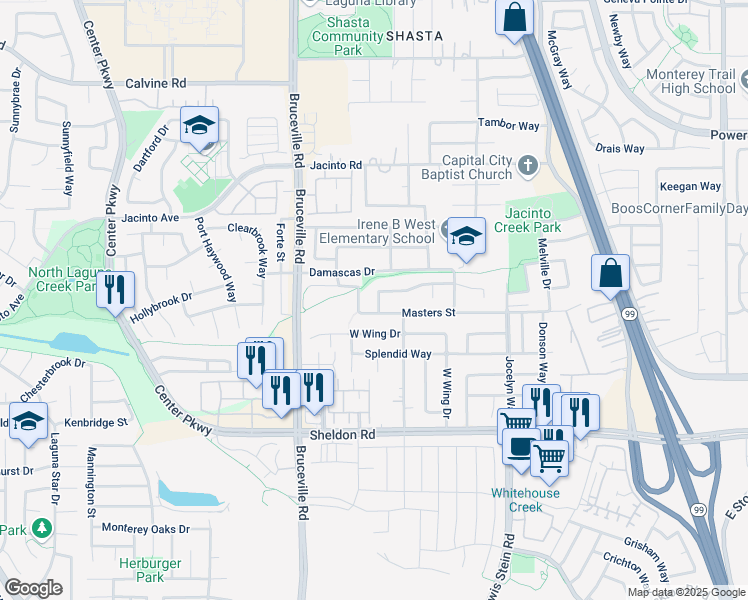 map of restaurants, bars, coffee shops, grocery stores, and more near 7793 Laguna Vega Drive in Elk Grove