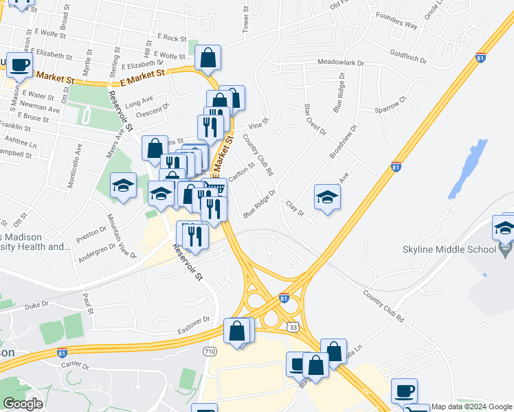map of restaurants, bars, coffee shops, grocery stores, and more near 4 Blue Ridge Drive in Harrisonburg