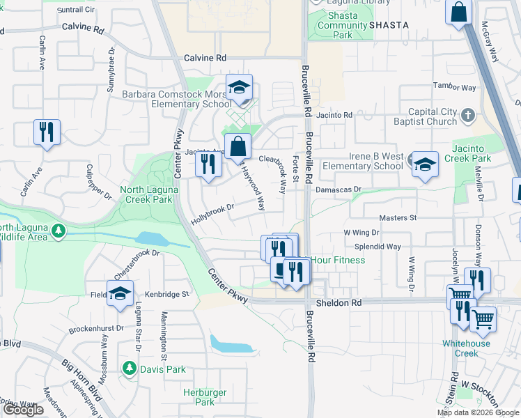 map of restaurants, bars, coffee shops, grocery stores, and more near 7006 Millboro Way in Sacramento