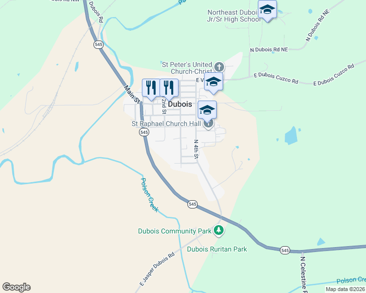map of restaurants, bars, coffee shops, grocery stores, and more near 5481 East Church Street in Dubois