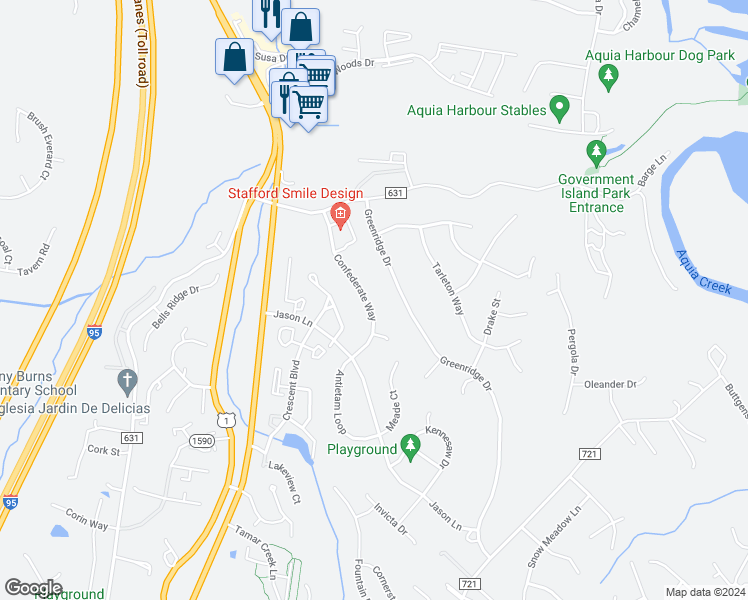 map of restaurants, bars, coffee shops, grocery stores, and more near 65 Confederate Way in Stafford