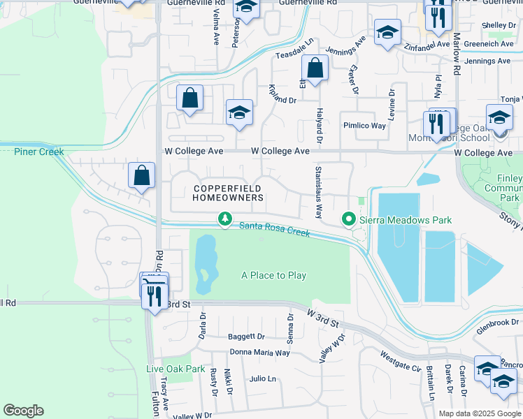 map of restaurants, bars, coffee shops, grocery stores, and more near 1005 Waterbrook Court in Santa Rosa