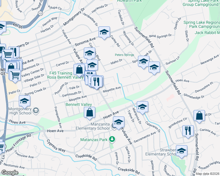 map of restaurants, bars, coffee shops, grocery stores, and more near 1215 Caribou Court in Santa Rosa