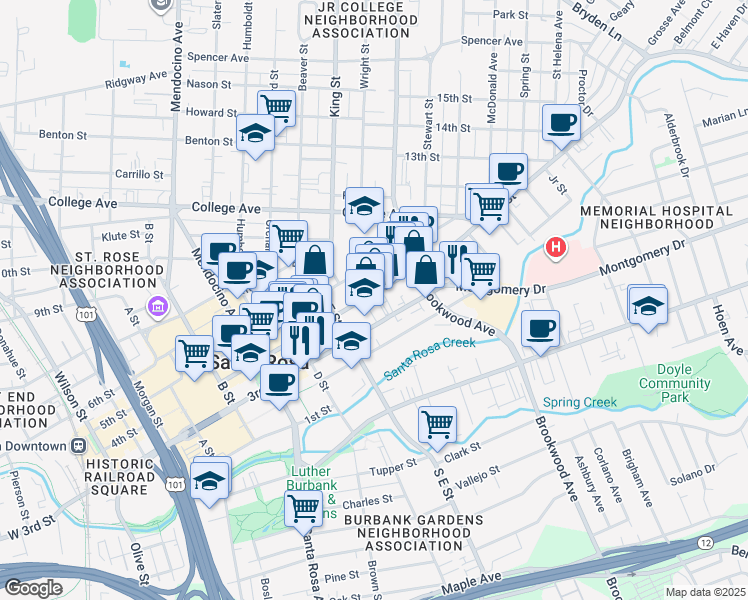 map of restaurants, bars, coffee shops, grocery stores, and more near 839 3rd Street in Santa Rosa
