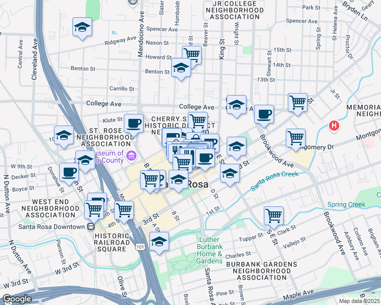 map of restaurants, bars, coffee shops, grocery stores, and more near 415 Humboldt Street in Santa Rosa