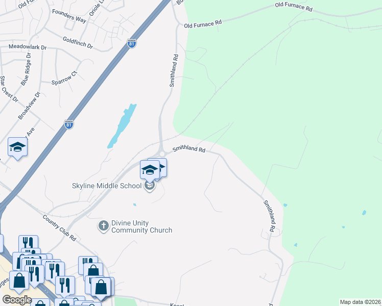 map of restaurants, bars, coffee shops, grocery stores, and more near 1270 Smithland Road in Harrisonburg