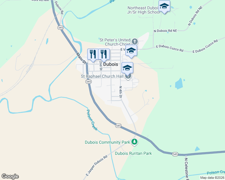 map of restaurants, bars, coffee shops, grocery stores, and more near 5481 East Church Street in Dubois