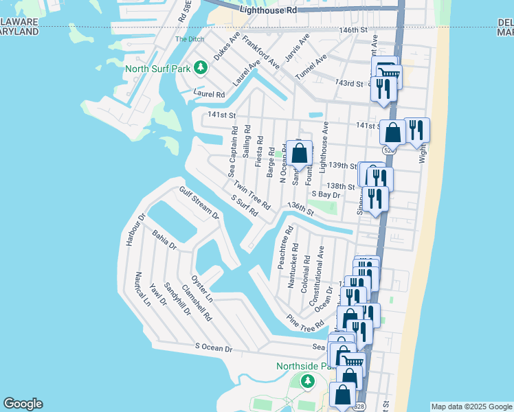 map of restaurants, bars, coffee shops, grocery stores, and more near 513 Twin Tree Road in Ocean City