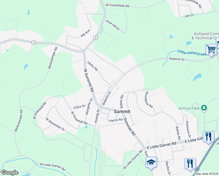 map of restaurants, bars, coffee shops, grocery stores, and more near 5600 Hicks Road in Ashland