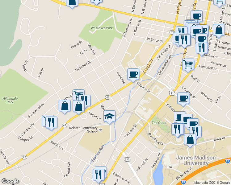 map of restaurants, bars, coffee shops, grocery stores, and more near 607 South High Street in Harrisonburg