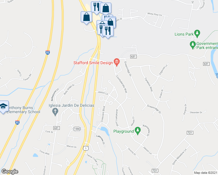 map of restaurants, bars, coffee shops, grocery stores, and more near 202 Sedgwick Court in Stafford