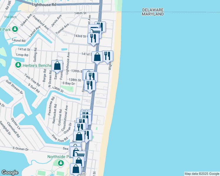map of restaurants, bars, coffee shops, grocery stores, and more near 13700 Wight Street in Ocean City