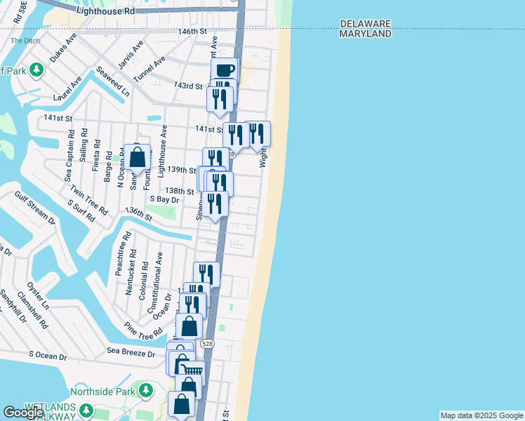 map of restaurants, bars, coffee shops, grocery stores, and more near 13700 Wight Street in Ocean City