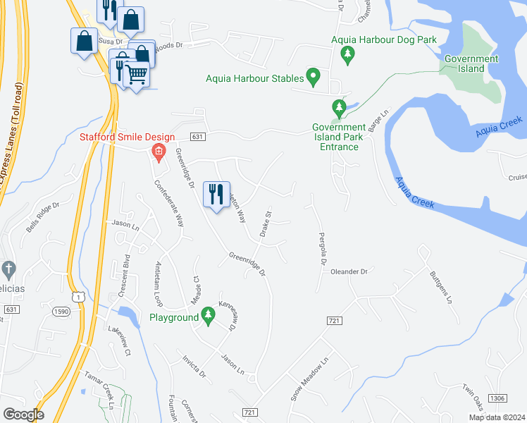 map of restaurants, bars, coffee shops, grocery stores, and more near 15 Drake Street in Stafford