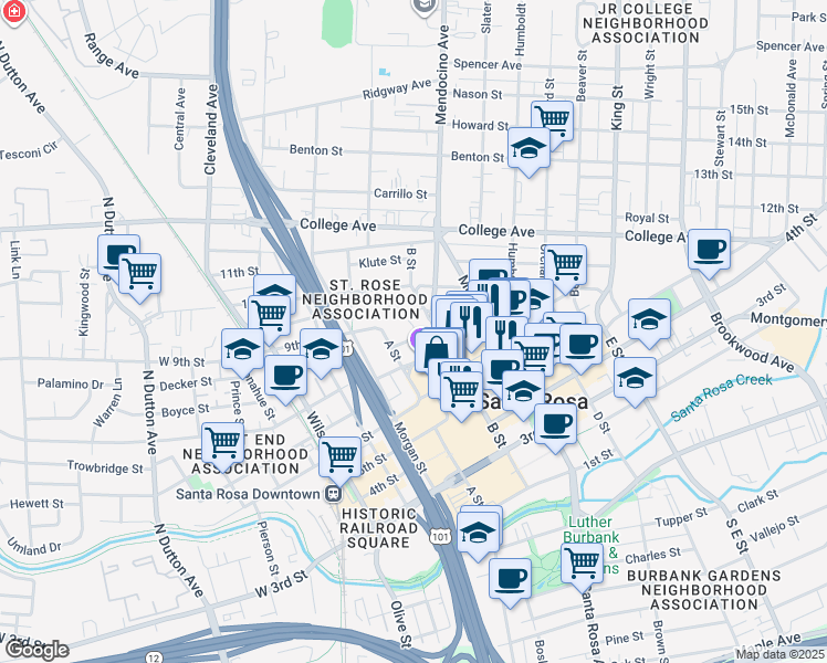 map of restaurants, bars, coffee shops, grocery stores, and more near 433 7th Street in Santa Rosa