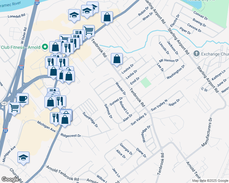 map of restaurants, bars, coffee shops, grocery stores, and more near 845 Morningside Lane in Arnold