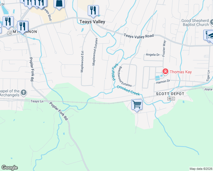 map of restaurants, bars, coffee shops, grocery stores, and more near 408 Beechwood Estates in Teays Valley